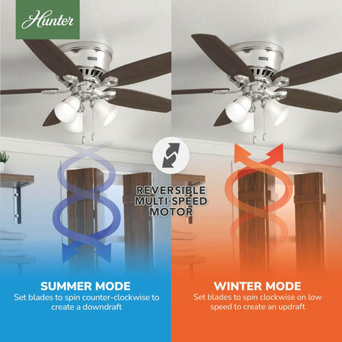 52 Inch Indoor Ceiling Fan With LED Lights For Cozy Bedroom Living Room Or Kitchen Low Profile Flush Mount No Remote Five Blades Brushed Nickel Finish Pull Chain Easy Setup And Bright Energy Efficient Lighting showing reversible motor for seasonal mode