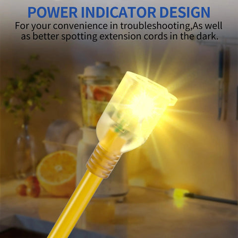 Heavy Duty 50 Foot Extension Cord With Lighted End For Indoor And Outdoor Use 10 Gauge Three Conductor Yellow Power Cable 15 Amp 125 Volt Oversized Plug And Receptacle For Safer Reliable Power Delivery, lighted plug end