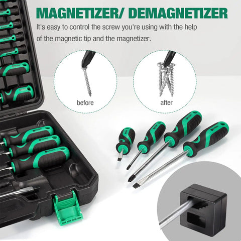 Magnetic Screwdriver Set With Storage Case And Magnetizer 27 Piece Bi Material Screwdrivers Includes Slotted Phillips Torx And Precision