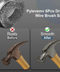 Six Piece Carbon Steel Wire Brush Set For Drills With Cup Brushes Wheel Brushes And Pen Brush One Quarter Inch Hex Shank Attachments For Rust Removal And Heavy Duty Cleaning featuring a cup brush.