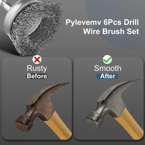 Six Piece Carbon Steel Wire Brush Set For Drills With Cup Brushes Wheel Brushes And Pen Brush One Quarter Inch Hex Shank Attachments For Rust Removal And Heavy Duty Cleaning featuring a cup brush.