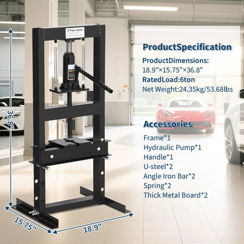 6 Ton H Frame Hydraulic Floor Shop Press For Heavy Duty Automotive And Metalworking Tasks With Adjustable Plates For Bending Straightening Bearing Removal And U Joint Repair, black steel frame