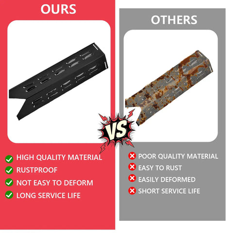 Comparison of Heat Plate Replacement Parts For Outdoor Gourmet And Royal Gourmet Gas Grills, showing new vs rusty version.