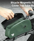 Bolt-On Top Tube Bike Bag With Magnetic Flap For Quick Access During Rides, Front Frame Storage Pouch attached to bike frame