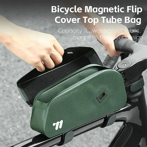Bolt-On Top Tube Bike Bag With Magnetic Flap For Quick Access During Rides, Front Frame Storage Pouch attached to bike frame