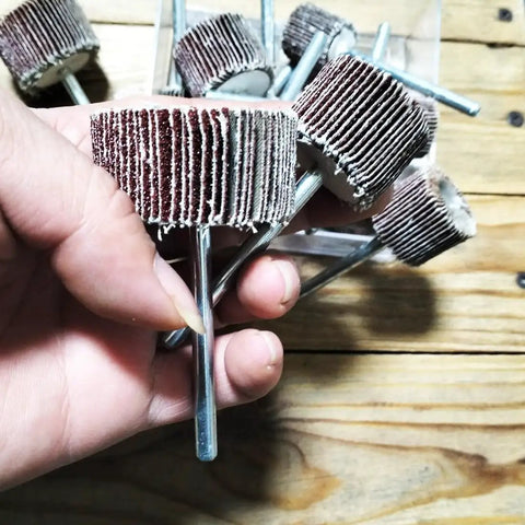 Close-up of Extra Long 90mm Flap Wheel Sanding Set With 1 Quarter Inch Shank For Drill Grinder And Rotary Tools 14 Piece