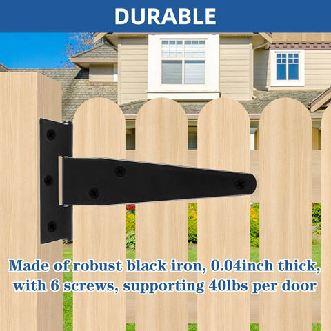 Light Duty T Strap Hinges for Barn Doors and Gates 4 Inch Black Wrought Iron Rustproof attached to wooden fence