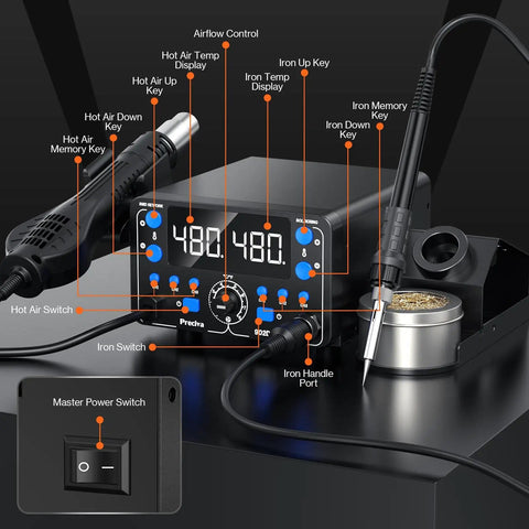 Top-Notch 2-in-1 SMD Hot Air Rework and Soldering Station with LED Display showing controls and soldering tools