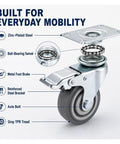 Set Of Four 3 Inch TPR Swivel Plate Casters With Dead Quiet Foot Brakes And Zero Drag Non Marking Rubber Tread For Smooth Home And Garage Mobility, featuring zinc-plated steel and ball-bearing swivel.