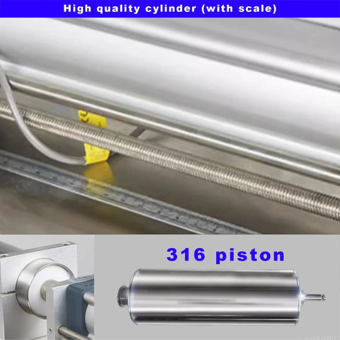 Pro Grade Semi Automatic Liquid And Paste Dispenser Pneumatic Piston Filling Machine With 30L Stainless Steel Hopper showcasing a high-quality cylinder with a scale and 316 piston.