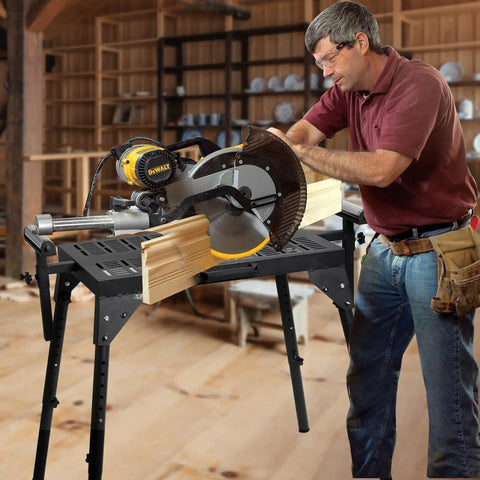Rock Solid Heavy Duty Miter Saw Stand With Extension Rollers Eight Level Height Adjustable Power Tool Table 300 Pound Capacity in use with a Dewalt saw.
