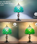 Stained Glass Table Lamp With Real Glass Shade In Green Pearl, showing light modes: white, mixed, warm.
