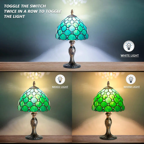 Stained Glass Table Lamp With Real Glass Shade In Green Pearl, showing light modes: white, mixed, warm.