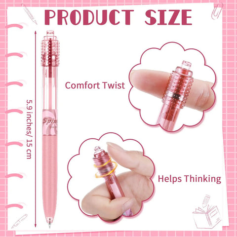 12 Pack Fidget Spinner Pens For Adults With Black Gel Ink showing pink pen with comfort twist and fingertip spinning action