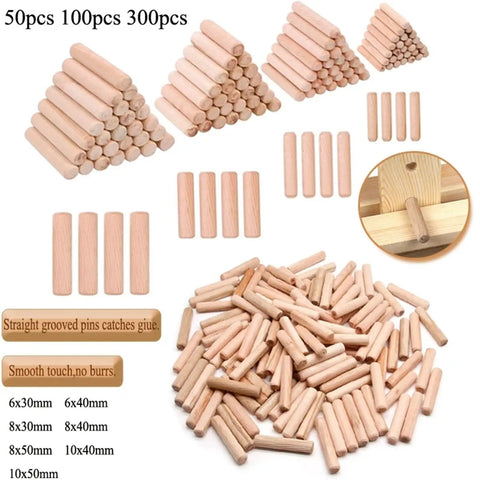 1000Pcs Woodworking Dowels Kit With Round Grooved Fluted Wood Dowel Pins 6x30mm displayed in various quantities on white background