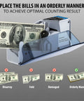 Portable Money Counter With UV WM Counterfeit Detection showing cash alignment instructions for optimal counting.