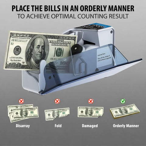 Slick Handheld Money Counter With Ultraviolet And Magnetic Detection for optimal bill placement during counting process.