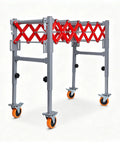 Heavy Duty Flexible Roller Conveyor With 600 Lbs Load Capacity, Extendable Telescopic Belt System For Warehouse Loading Docks And Material Handling Plus Adjustable Height Wheels, gray and red frame with orange wheels.