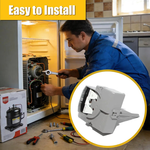 Technician uses Easy Plug And Play Refrigerator Start Relay And Overload Protector Replacement for quarter inch terminal models.