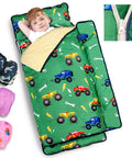 Child lying on Detachable Toddler Nap Mat With Pillow And Blanket Thickened Extra Large Sleeping Bag, green truck print