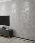 Living room with Wavy White PVC Wall Panels Pack Of 12, 19.7x19.7 Inches, Lightweight And Fire Resistant, TV above black console