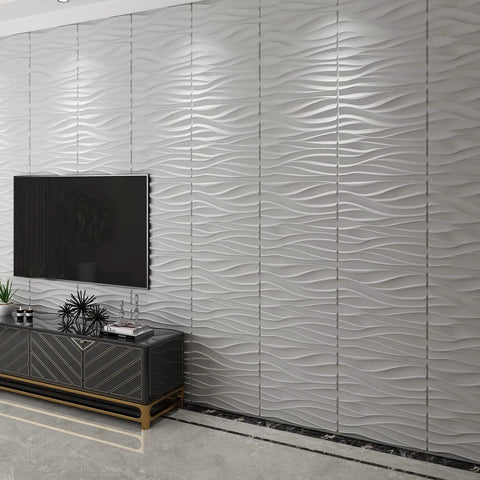 Living room with Wavy White PVC Wall Panels Pack Of 12, 19.7x19.7 Inches, Lightweight And Fire Resistant, TV above black console