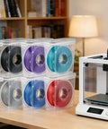 Six Pack 3D Printing Filament Storage Boxes With Thick Silicone Seal Dustproof Portable Organizer for 1.75mm Filaments on a table