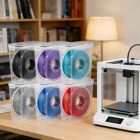 Six Pack 3D Printing Filament Storage Boxes With Thick Silicone Seal Dustproof Portable Organizer for 1.75mm Filaments on a table