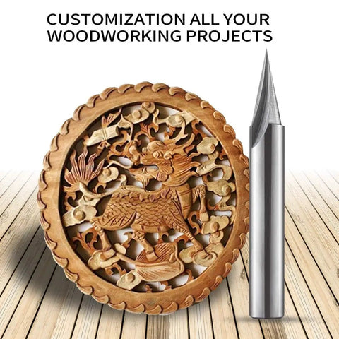 1/4 Inch Shank 22 Degree Engraving Router Bit For CNC Wood Carving With V Groove Profile next to intricate carved wooden design