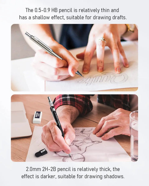Two images showing Do It All Six Piece Art Mechanical Pencil Set For Writing, Sketching And Drawing, in use on paper.