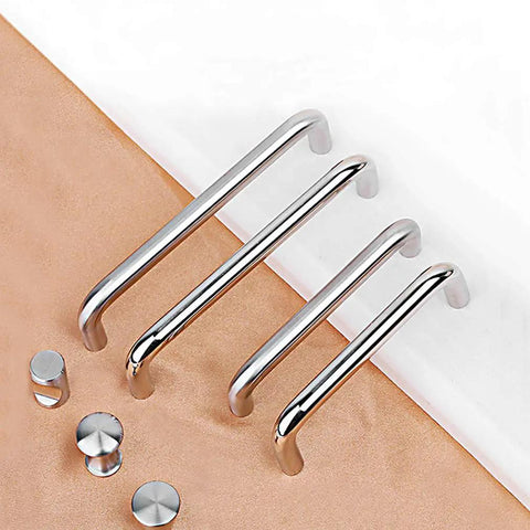 Brushed Metal Kitchen Cabinet Pulls and Drawer Handles Set 90mm Center to Center Sleek Bow Bar Door Knobs displayed on surface