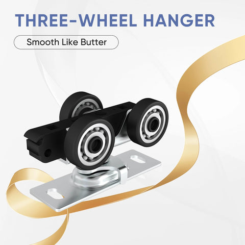 Three-wheel hanger from Commercial Grade Pocket Door Hardware And Track Set For 4 Foot Openings.