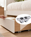 Four Pack Mini Rigid Caster Wheels Double Row Steel Brackets With Brown Polyurethane Treads used on a storage drawer under a bed.