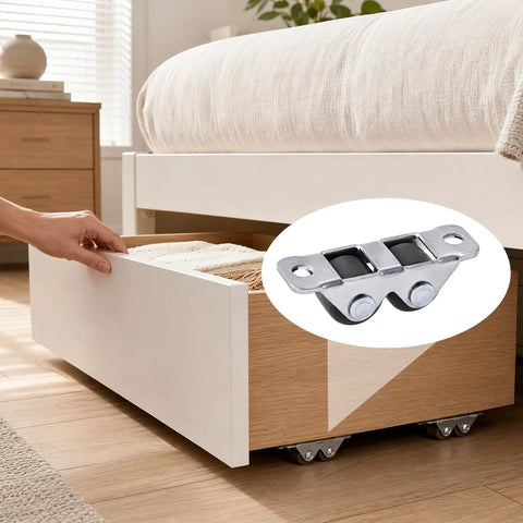 Four Pack Mini Rigid Caster Wheels Double Row Steel Brackets With Brown Polyurethane Treads used on a storage drawer under a bed.