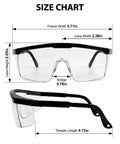 Size chart for Badass Dual Pack Safety Glasses with Slick Anti Fog and Anti Scratch Clear Wrap Around Lenses dimensions.