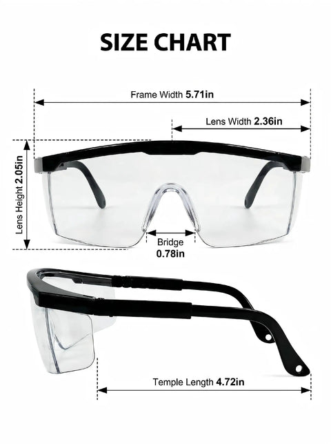 Size chart for Badass Dual Pack Safety Glasses with Slick Anti Fog and Anti Scratch Clear Wrap Around Lenses dimensions.