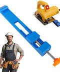 Pro-Grade Bidirectional Circular Saw Guide With Adjustable Base in blue, shown with electric saw and worker in safety gear.