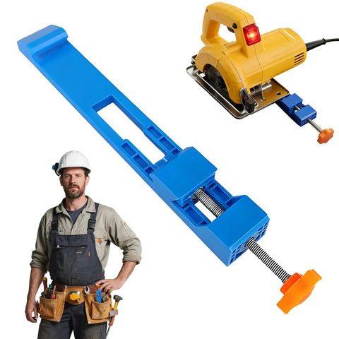 Pro-Grade Bidirectional Circular Saw Guide With Adjustable Base in blue, shown with electric saw and worker in safety gear.