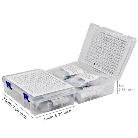 3W Metal Film Resistor Kit 200-Piece Assortment for DIYers, Values From 1 Ohm to 1M Ohm, box with clear labels open for view