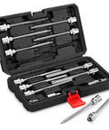 Open case showing Long Reach 3/8 Inch Torx Bit Socket Set, 15-Piece T10 Through T60, S2 Alloy Steel with universal joint and adapters