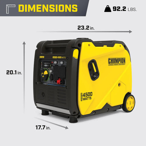 4500 Watt RV Ready Portable Inverter Generator With Crazy Quiet Technology dimensions shown: 23.2x20.1x17.7 inches, 92.2 lbs