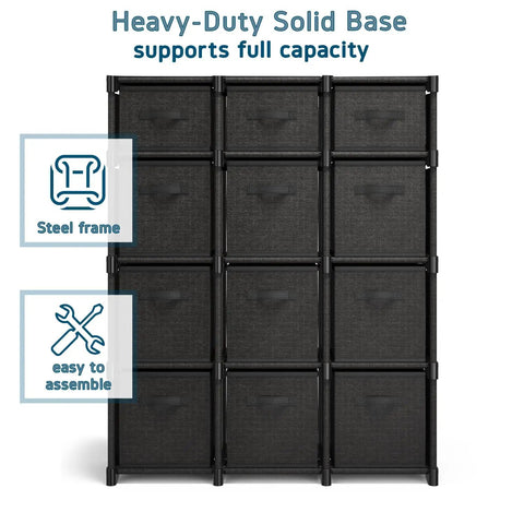 Front view of DIY Cube Organizer Shelf With 12 Fabric Storage Cubes Sturdy Steel Frame For Bedroom Playroom Dorm And More Easy To Access Stackable Storage Cubes Tidy Up Your Space Easy Peasy showing steel frame and fabric bins.