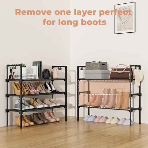 Three Tier Shoe Rack Organizer With Five Hooks For Closet, showing boots and sneakers stored on adjustable shelves.
