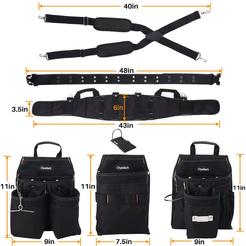 16 Pocket Tool Belt With Suspenders Large Capacity Detachable Pouches And Back Support For Electricians Carpenters Construction Pros Handymen With 2 Hammer Holders And Tape Holder Chain 7 Detachable Components