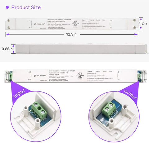 100W Dimmable LED Driver Transformer Power Supply 100-277V AC to 12V DC 8.3A dimensions and input-output ports