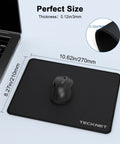 4 Pack Gaming Mouse Pad Set That Is Gamer Ready With Anti Fray Stitching Waterproof Surface And Non Slip Rubber Base Stitched Edges For Laptop Compatible With Laser And Optical Mice Black beside a laptop with detailed dimensions