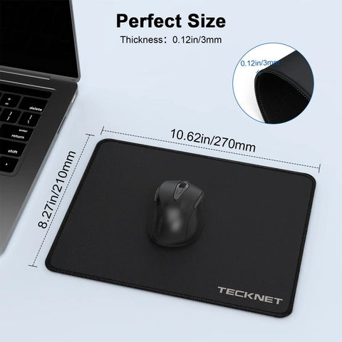 4 Pack Gaming Mouse Pad Set That Is Gamer Ready With Anti Fray Stitching Waterproof Surface And Non Slip Rubber Base Stitched Edges For Laptop Compatible With Laser And Optical Mice Black beside a laptop with detailed dimensions