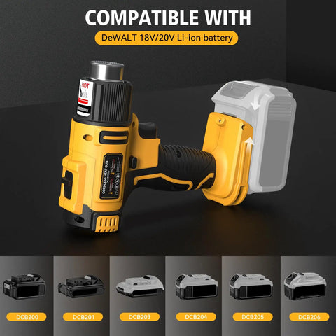 Cordless Heat Gun For 20V And 18V Batteries Portable Hot Air Tool Kit With 5 Nozzles, shown with DeWalt battery compatibility.