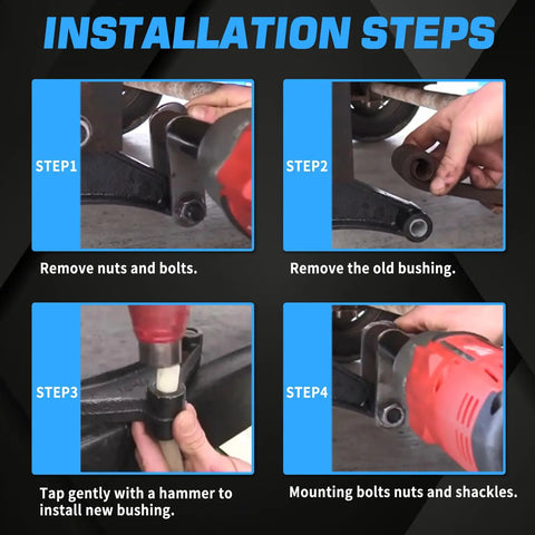 Installation steps for Eight Nylon Trailer Leaf Spring Bushings Kit with Nine Sixteenths Inch ID on leaf spring system