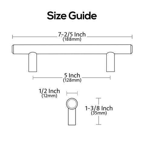 Size guide for 10 Pack Black Nickel Cabinet Pulls With 5 Inch Hole Centers T Bar Knurled Handles For Cabinets AL3015AS